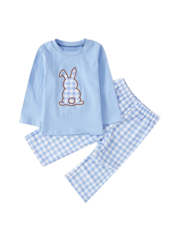 Infant Boys Easter Pajamas Outfits Set Rabbit Print Tops Plaid Print Elastic Waist Pants Clothing Set Casual Soft Kids 2 Pieces Sleepwear Blue Size 6-12 Months