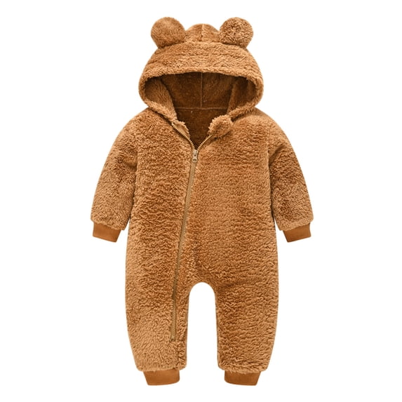 Tisuna Infant Boys Girls Fleece Romper Long Sleeve Front Zip Cute Ear Hooded Bodysuit Warm Soft Unisex Kids Solid Color Winter Jumpsuit Brown Size 18-24 Months