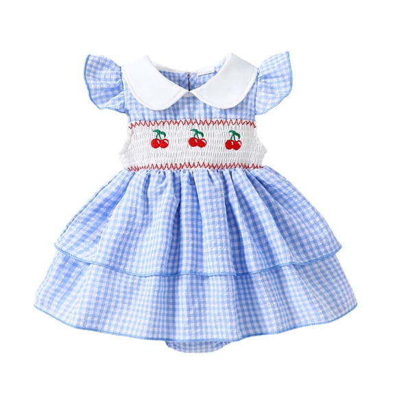 Tisuna Girls Fly Sleeve Plaid Romper Kids Cherry Embroider Bodysuits Dress Cute Fashion Daily Wear Jumpsuit Outfits For Babies Size 3-6 Months Blue
