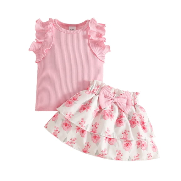 Tisuna Infant Girls Matching Set Solid Color Ruffled Sleeve Crew Neck Tops With Floral Print Skirts Cute Fashion Little Girls Summer 2 Pieces Outfits Set Pink