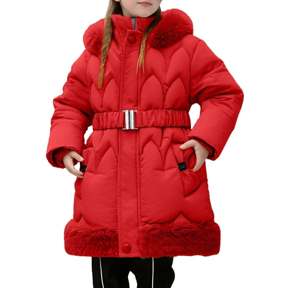 Tisuna Jacket For Girls Child Solid Color Long Sleeve Hooded Coat Comfortable Casual Autumn Winter Kids Padded Clothes Red Size 5-6 Years