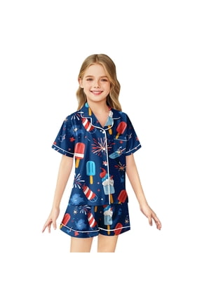 Kids 4th Of July Pajamas Set Girls America Flag Print Short Sleeve Button Down Shirts And Shorts Set Breathable Lightweight Girls USA Anniversary Casual Sleepwear