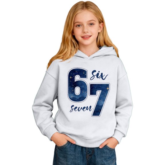 Tisuna Kids 67 Hoodie Sweatshirt Number Print Long Sleeve Hooded Tops Breathable Leisure Girls Boys Pullover 67 Shirts Outfits Size 5-7 Years White