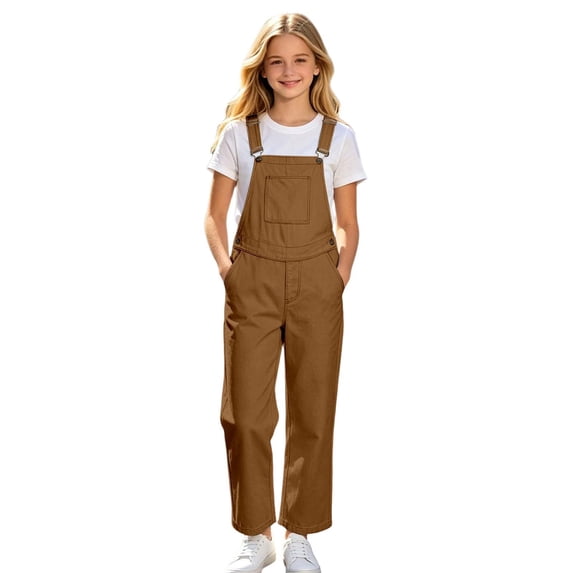Tisuna Kids Boys And Girls Overalls Pants Solid Color Sleeveless Suspender Trousers With Pocket Casual Breathable Child Straight Leg Pants Brown Size 5-6 Years
