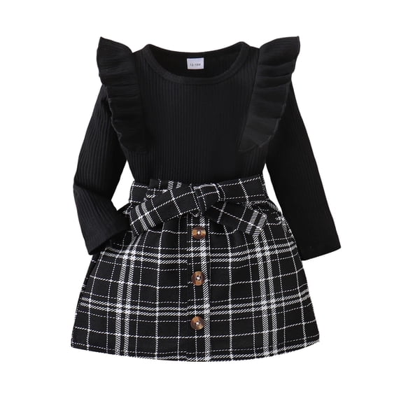 Tisuna Kids Fall Outfit Set For Girls Relaxed Fit Long Sleeve Crew Neck Plaid Print Tops And Skirt Outfits Children'S 2 Pieces Casual Wear Clothes Set Size 18-24 Months