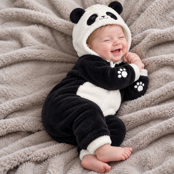 Tisuna Kids Fleece Costume Romper Boys Girls Long Sleeve Panda Bodysuit With Hood Cute Front Zipper Closure Winter Jumpsuit, Size 3-18 Months, Black