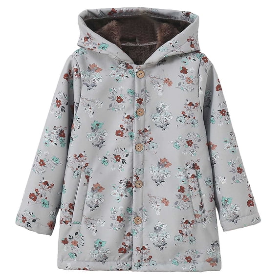 Tisuna Kids Fleece Jacket Girls Soft Button Down Hooded Jackets Floral Print Everyday Wear Outdoor Coat For Child Age 12 Months-6 Years Grey