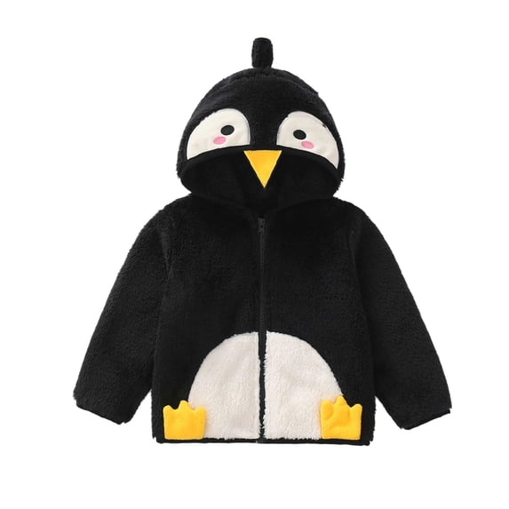 Tisuna Kids Fleece Jacket Girls Soft Zip Up Hooded Jackets Cartoon Penguin Street Wear Winter Coat For Child Age 12 Months-5 Years Black