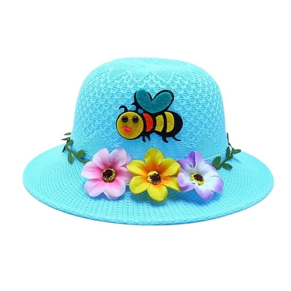 Tisuna Kids Flower Sun Caps Girls Fashion Cute Wide Brim Summer Beach Hat For Girls Toddler Outdoor Play Travel Bucket Hats Blue