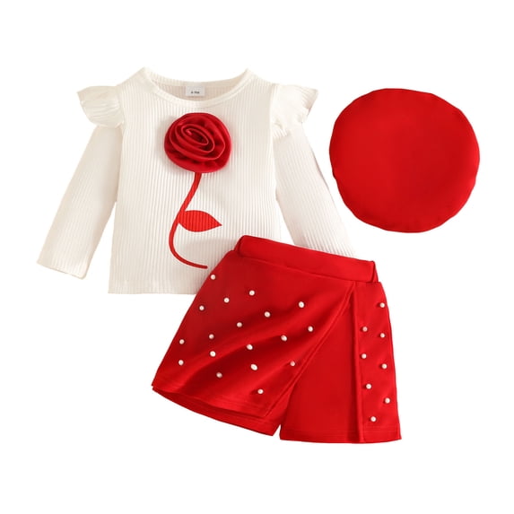 Tisuna Kids Girls Fall Outfit Set Cute Long Sleeve Crew Neck Floral Print Tops And Skirt Hat Outfits Children'S 3 Pieces Everyday Wear Clothing Set Size 6-9 Months
