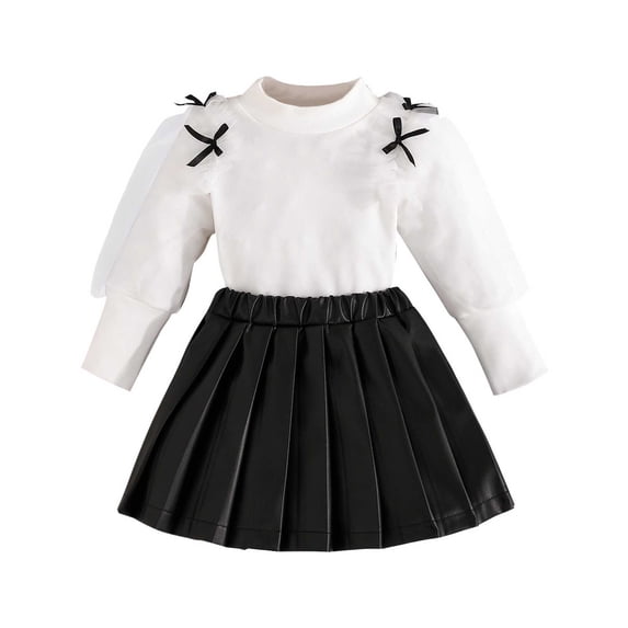 Tisuna Kids Girls Fall Outfit Set Soft Long Sleeve Crew Neck Bowknot Print Tops And Skirt Outfits Children'S 2 Pieces Casual Wear Clothes Set Size 9-12 Months