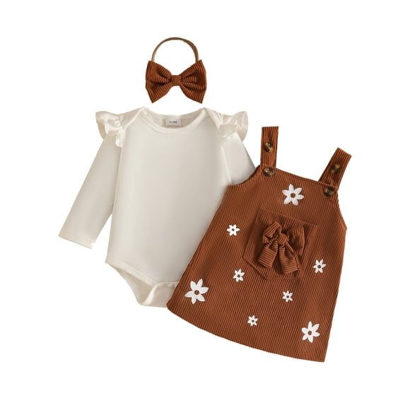 Tisuna Kids Girls Fall Outfit Set Soft Long Sleeve Crew Neck Floral Print Romper And Suspender Skirt Headband Outfits Children'S 3 Pieces Casual Wear Clothes Set Size 6-12 Months