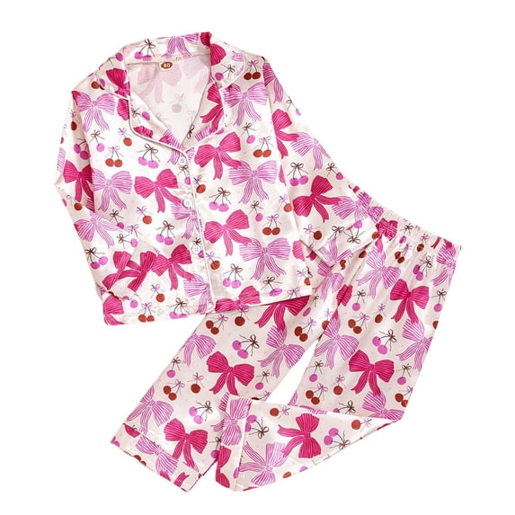 Tisuna Kids Girls Fall Pajamas Set Soft Long Sleeve Lapel Collar Bowknot Print Tops And Pants Sleepwear Children'S 2 Pieces Housewear Clothes Set Size 2-3 Years