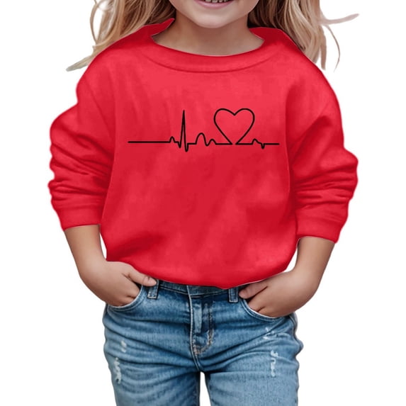 Tisuna Kids Girls Long Sleeve Sweatshirts Lightweight Crewneck Heart Print Tops Children Going Out Street Fall Outfits Size 6-7 Years Red