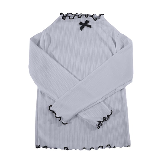 Tisuna Kids Girls Long Sleeve T Shirts Adorable Stand Collar Bowknot Print Tops Girls Going Out Street Fall Outfits Size 7-8 Years Light Gray