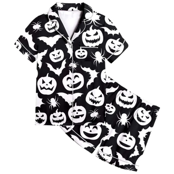 Tisuna Kids Girls Short Sleeve Pajamas Set Halloween Pumpkin Bat Print Collared Tops And Shorts Pjs Set Fashion Cute Kids Halloween 2 Pieces Indoor Wear For Age 2-13 Years