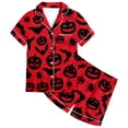 thumbnail image 1 of Tisuna Kids Girls Short Sleeve Pajamas Set Halloween Pumpkin Bat Print Collared Tops And Shorts Pjs Set Fashion Cute Kids Halloween 2 Pieces Indoor Wear For Age 2-13 Years, 1 of 4