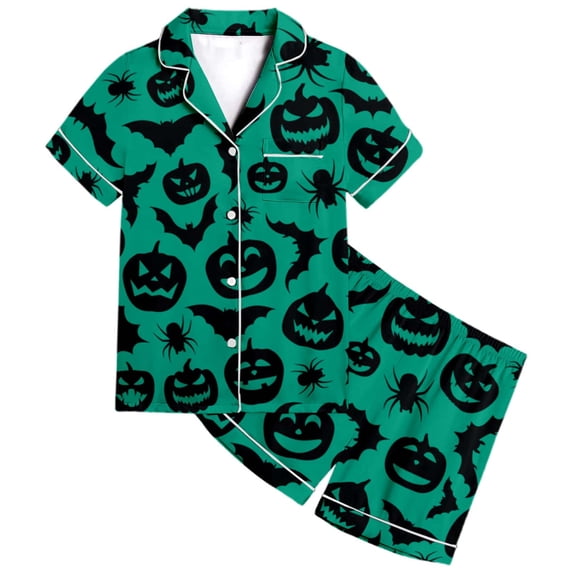 Tisuna Kids Girls Short Sleeve Pajamas Set Halloween Pumpkin Bat Print Collared Tops And Shorts Pjs Set Fashion Cute Kids Halloween 2 Pieces Indoor Wear For Age 2-13 Years