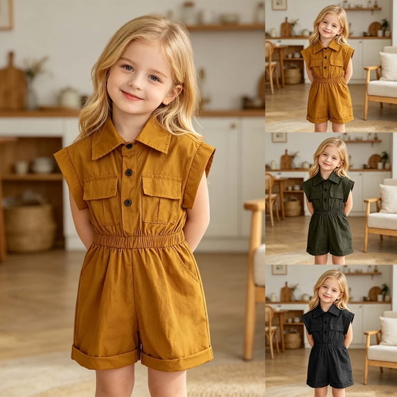 Tisuna Kids Girls Sleeveless Solid Romper Trousers Toddler Shorts Lapel Jumpsuit Breathable Fashion 1 Pieces Jumpsuit Shorts Pants Army Green Size 2-3 Years