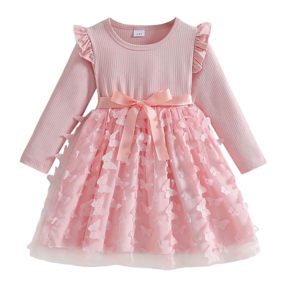 Tisuna Kids Long Sleeve Dress Girls Breathable 3D Butterfly Dresses Toddler Autumn Winter Crewneck Dress Size 7-8 Years