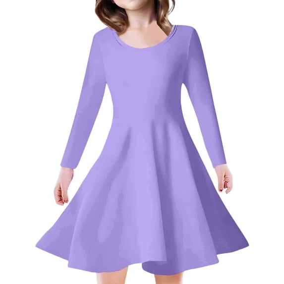 Tisuna Kids Long Sleeve Dress Girls Breathable Solid Color Dresses Teen And Youth Casual Wear Crewneck Dress Size 8-9 Years