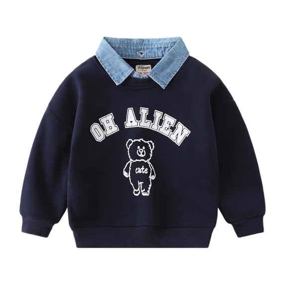 Tisuna Kids Long Sleeve Sweatshirts For Boys Classic Crewneck Graphic Print Tops With Removable Collar Little Boys Casual Wear Fall Shirts Size 1-2 Years