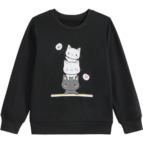 Tisuna Kids Sweatshirts Girls Comfortable Cartoon Cat Print Sweatshirt Teen And Youth Going Out Long Sleeve Pullovers Size 2-3 Years