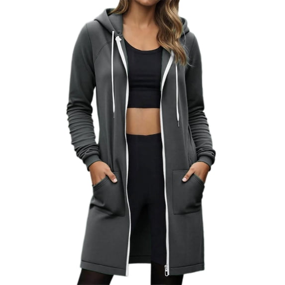 Tisuna Knee-Length Zip Up Hoodies For Womens Casual Long Sleeve Jackets Breathable Sweatshirts With Pockets Everyday Wear Fall Winter Outerwear Size XXL