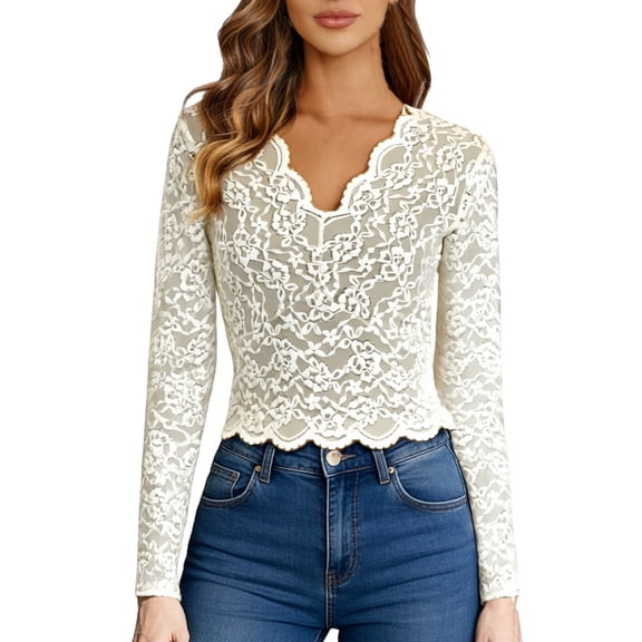 Tisuna Ladies Lace Tops With Stretchy Long Sleeve V Neck Slim Fit Shirt Breathable Fashion Women Parties Club Street Wear Clothes White