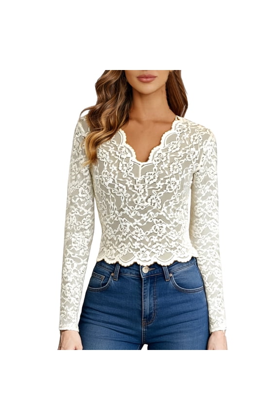 Ladies Lace Tops With Stretchy Long Sleeve V Neck Slim Fit Shirt Breathable Fashion Women Parties Club Street Wear Clothes White