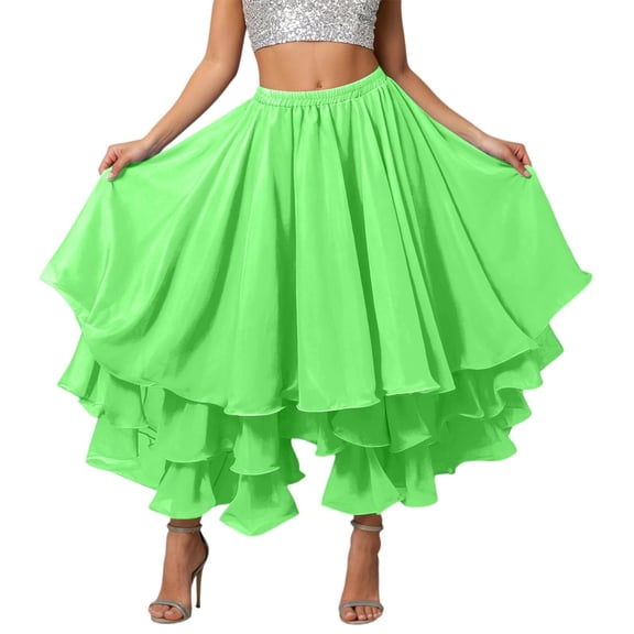 Tisuna Light Green Long Skirt For Women Solid Color Elastic Waist Multi Layered Pleated Skirts Fashion Lightweight Ladies Mardi Gras Casual Wear