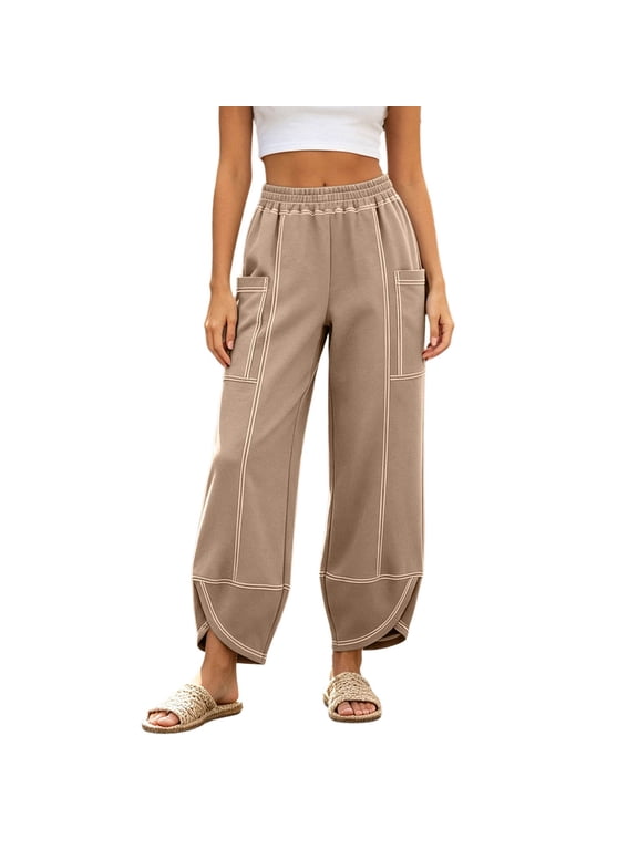Linen-Cotton Pants For Women High Waisted Straight Leg Trousers Causal Lightweight Ladies Work Street Loose Pants Khaki Size M