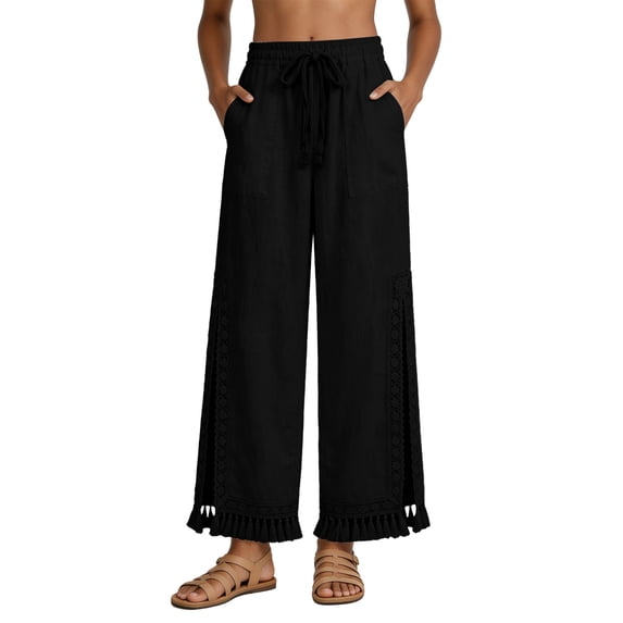 Tisuna Linen-Cotton Pants For Women High Waisted Wide Leg Trousers With Boho Style Comfortable Fashion Ladies Beach Vacation Loose Pants Black Size L
