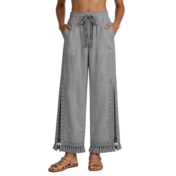 Tisuna Linen-Cotton Pants For Women High Waisted Wide Leg Trousers With Boho Style Comfortable Fashion Ladies Beach Vacation Loose Pants Grey Size M