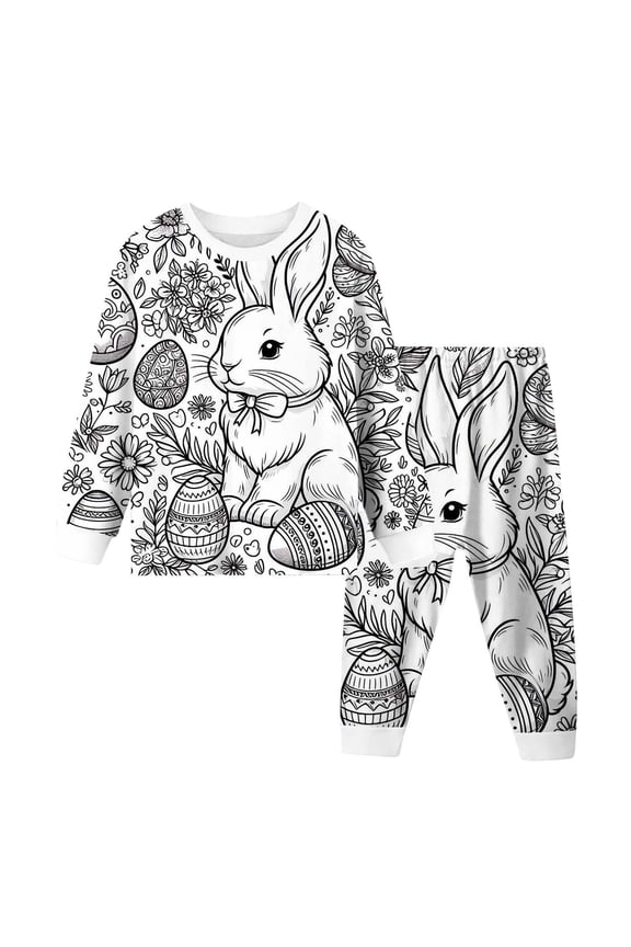 Little Boys 2 Pieces Outfits Set Diy Cartoon Print Long Sleeve Crew Neck Pajamas Fashion Casual Spring Kids Easter Sleepwear Set White Size 8-9 Years