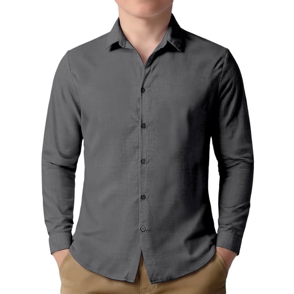 Tisuna Little Boys Casual Long Sleeve Shirts Solid Color Lapel Collar Button Down Tops Breathable Lightweight Boys Performance Formal Wear Size 9-10 Years Dark Gray
