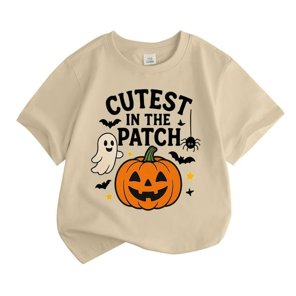 Tisuna Little Boys Girls Halloween Tops Pumpkin Print Short Sleeve Crew Neck Shirts Fashion Cute Kids Pullover Clothes Beige Size 4-5 Years