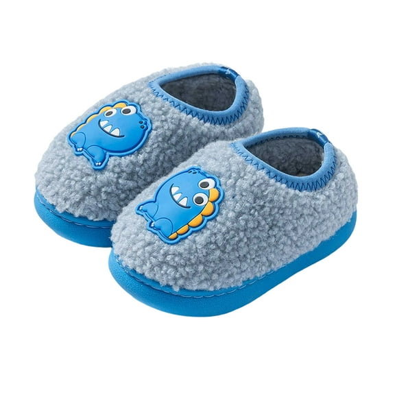 Tisuna Little Boys Girls Plush Slippers Cartoon Print Soft Sole Easy On Shoes Comfortable Soft Kids Fall Winter Footwear Blue Size 18-24 Months