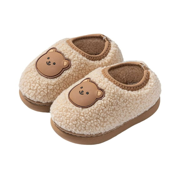 Tisuna Little Boys Girls Plush Slippers Cartoon Print Soft Sole Easy On Shoes Comfortable Soft Kids Fall Winter Footwear Khaki Size 18-24 Months