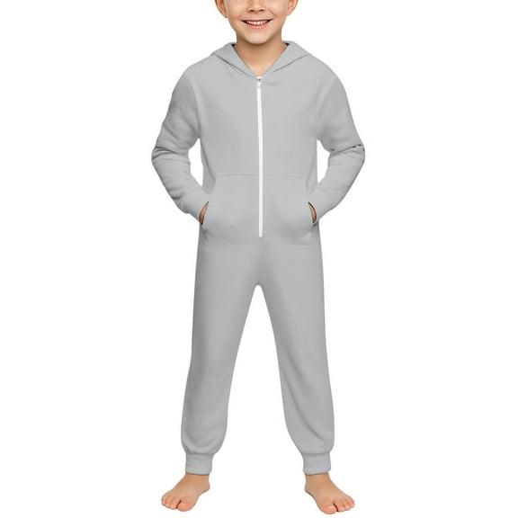 Tisuna Little Boys Girls Romper Solid Color Long Sleeve Hooded Sleepwear Classic Soft Autumn Winter Kids Zipper Clothes Light Gray Size 5-6 Years