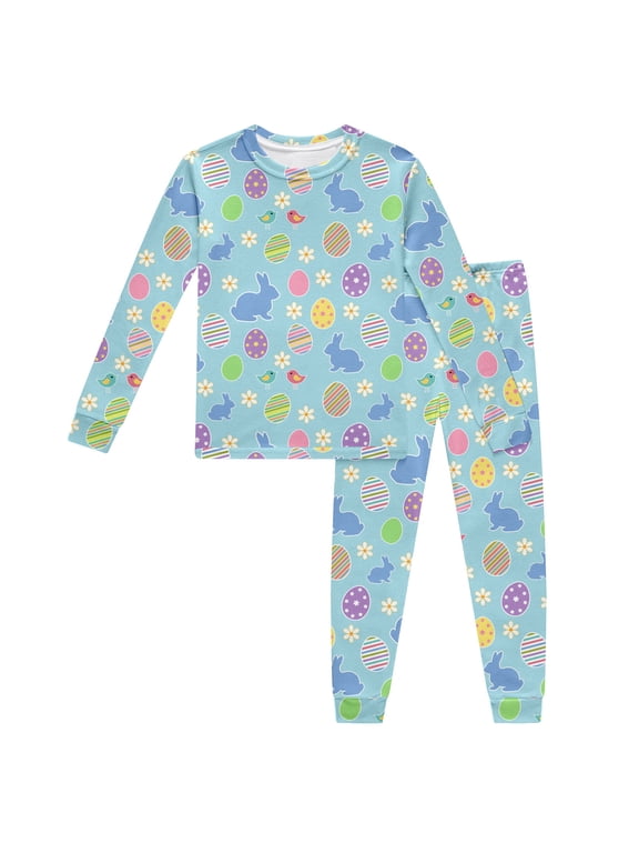 Little Boys Pajamas Outfits Set Cartoon Print Long Sleeve Crew Neck Sleepwear Casual Soft Spring Kids Easter 2 Pieces Matching Set Light Blue Size 6-7 Years