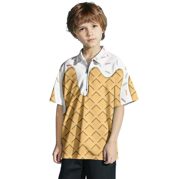 Tisuna Little Boys Shirt Ice Cream Print Short Sleeve Lapel Neck Tops Fashion Loose Summer Kids Zippper Clothes White Size 7-8 Years