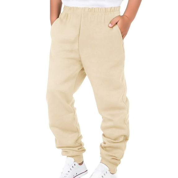 Tisuna Little Boys Sweatpants Solid Color Taper Leg Elastic Waist Trousers Thick Warm Autumn Winter Boys Jogger Pants Khaki Size 7-8 Years