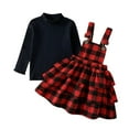 thumbnail image 1 of Tisuna Little Girls 2 Pieces Outfits Solid Color Long Sleeve Crew Neck Tops And Plaid Dress Set Fashion Casual Autumn Winter Girls Christmas Outfits Red Size 6-7 Years, 1 of 2