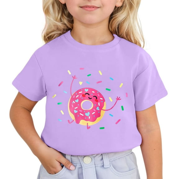 Tisuna Little Girls Casual Shirt Cartoon Print Short Sleeve Crew Neck Tops Stylish Cute Child Girls Summer Comfort Fit Blouse Purple Size 6-7 Years