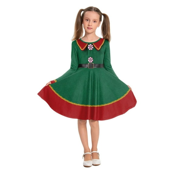 Tisuna Little Girls Christmas Dress Santa Print Long Sleeve Crew Neck Dresses Comfortable Leisure Girls Christmas Festival Dress 7-8 Years Green