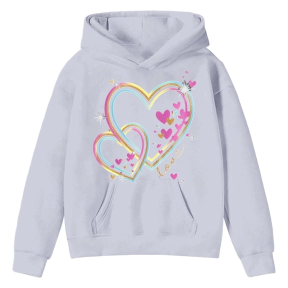 Tisuna Little Girls Hoodie Heart Print Long Sleeve Hooded Tops Comfortable Child Autumn Winter Loose Fit Hoodless Light Gray Size 4-5 Years