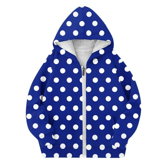 Tisuna Little Girls Jacket Polka Dot Print Long Sleeve Zipper Hooded Coat Loose Casual Spring Autumn Kids Outerwear Blue Size 4-5 Years