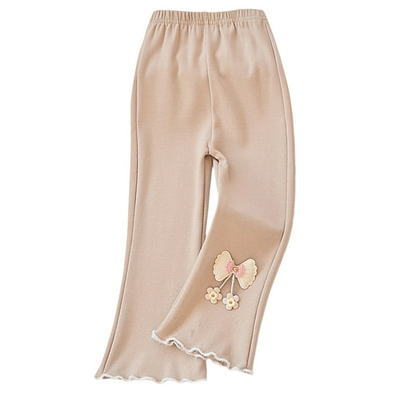 Tisuna Little Girls Pants Bowknot Print Elastic Waist Flare Leg Trousers Soft Stretch Spring Autumn Girls Daily Wear Khaki Size 3-4 Years
