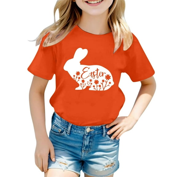 Tisuna Little Girls' Tee Rabbit Print Short Sleeve Crew Neck Tops Cute Fashion Spring Summer Girls Pullover Clothes Orange Size 1-2 Years